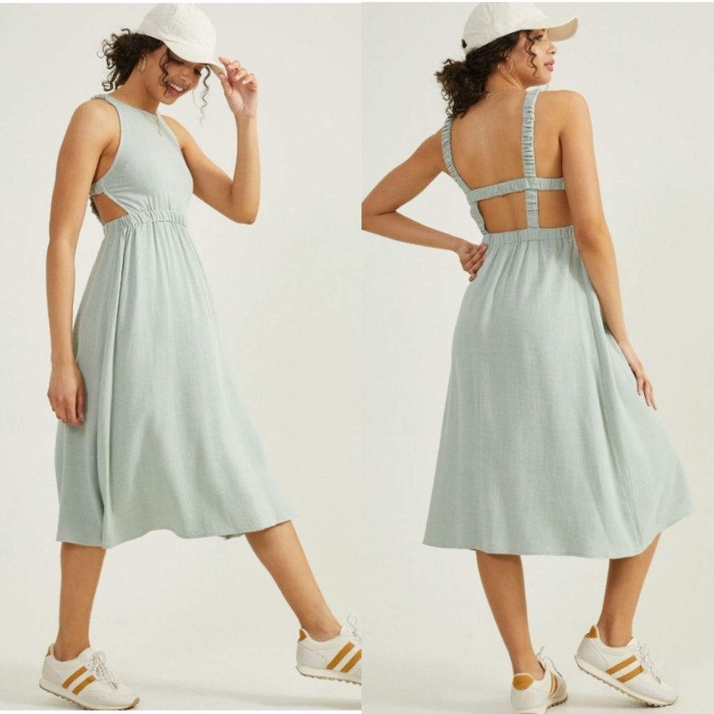 Altar'd State Jackie Linen Blend Sage Green Open Back Midi Dress Sz M Sundress